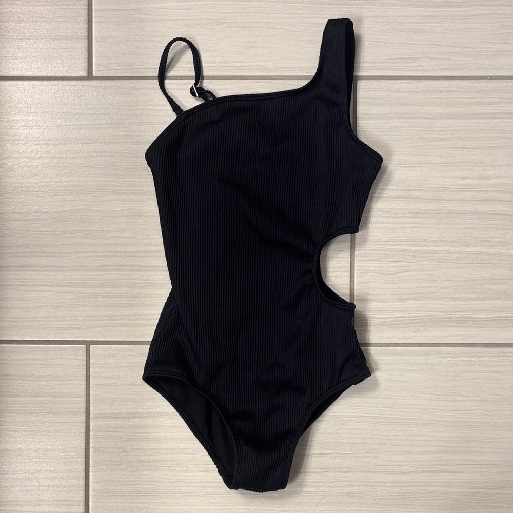 Girls Asymmetric One-Shoulder Black Ribbed Swimsuit
